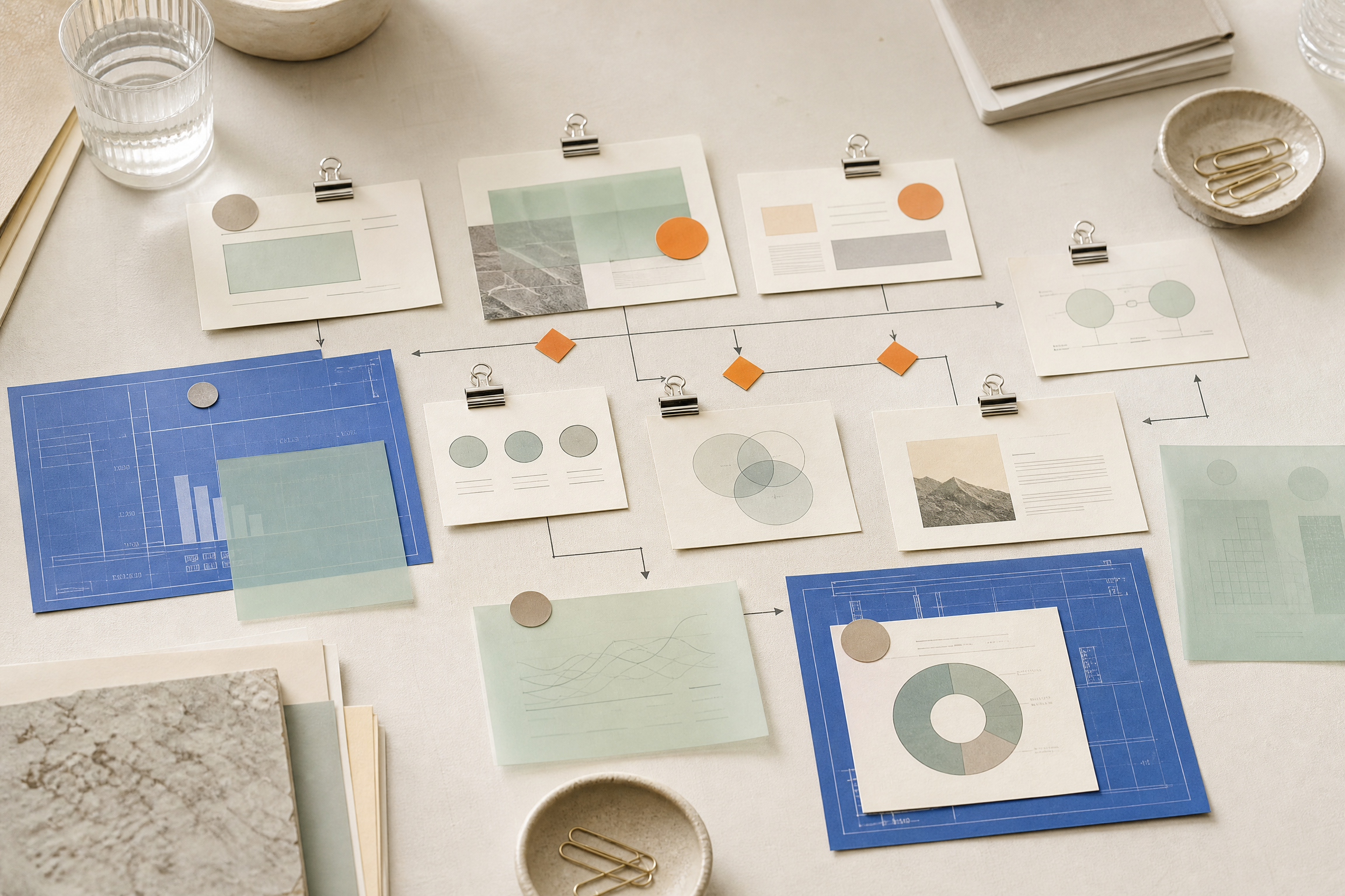 Agency workflow architecture arranged on a warm cream surface