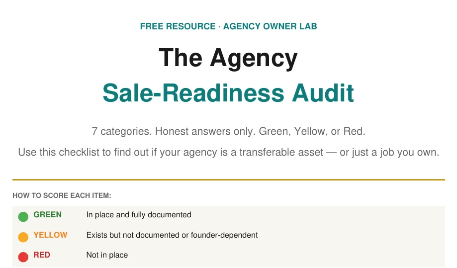 Partial preview of The Agency Sale-Readiness Audit cover and Green, Yellow, Red scoring key